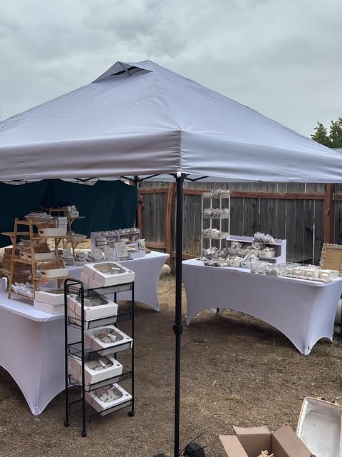 The Absolute Creations booth under a white canopy, with tables and shelves of plaster pieces.