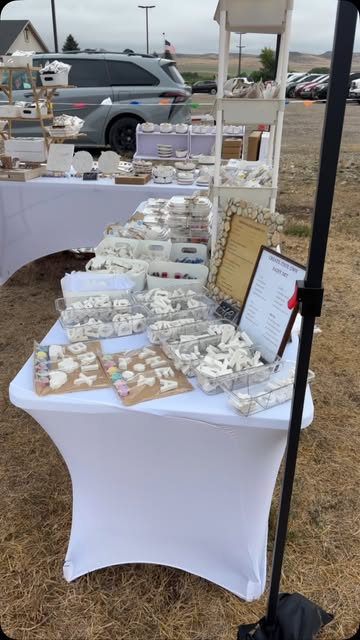 Juliene's booth table at the fair covered in plaster pieces and kits, with a price sign.